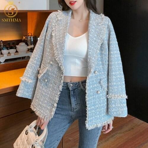 New Fashion Ladies Woolen Coat Double Breasted Elegant Female Blue Tweed Blended Wool Autumn Winter Women Jacket Outerwear