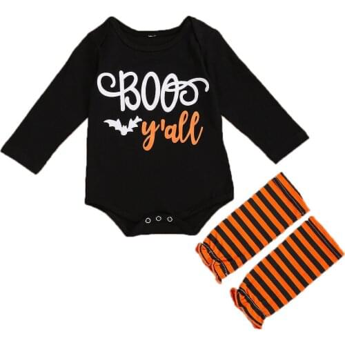 0-18M Autumn Halloween Newborn Baby Girls Outfits Long Sleeve Letter Print Romper Bodysuit + Striped Socks 2Pcs Clothes Set