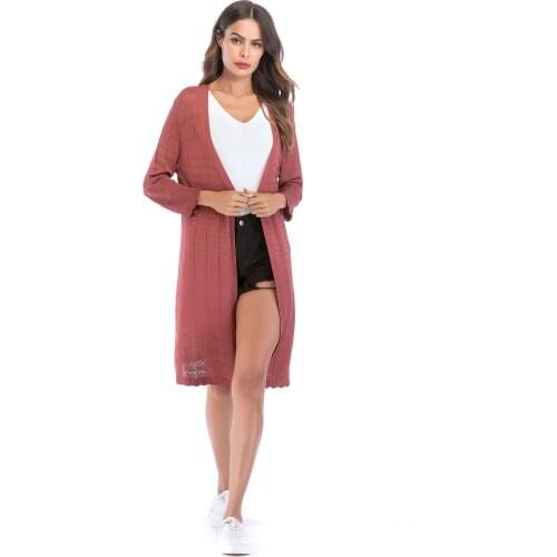 Autumn Textured Plaid Pattern Knit Crochet Open Front Split Solid Sweater Cardigan for Women Lady Winter Cape Casual Long Coat