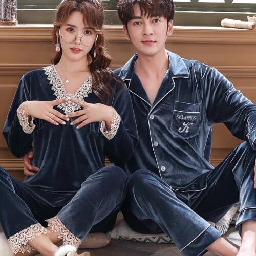 Couple Velour Pajamas Autumn Gold Velvet Long Sleeve Fashion Women Nightwear Loose Men Pyjama Sets Plus Size Home Clothes