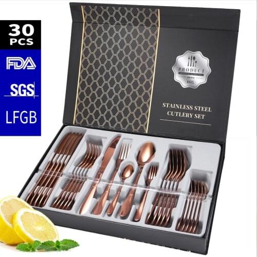 Gift Box Cutlery Tableware 30 Pcs Set Dinner Knife Fork Spoon, Dessert Spoon Fruit Fork 30 Pcs Gold Tableware Cutlery Dinner Set