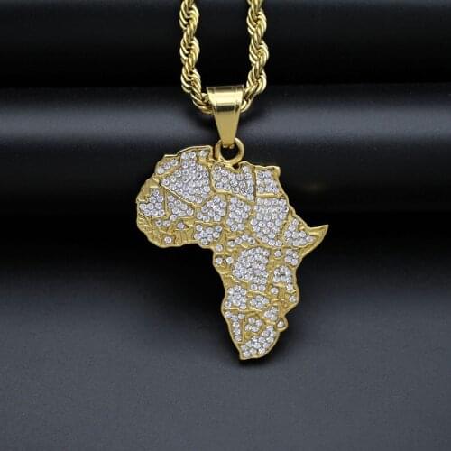 Hip Hop Rhinestones Paved Bling Iced Out Gold Color Stainless Steel Africa Map Pendants Necklaces for Men Rapper Jewelry
