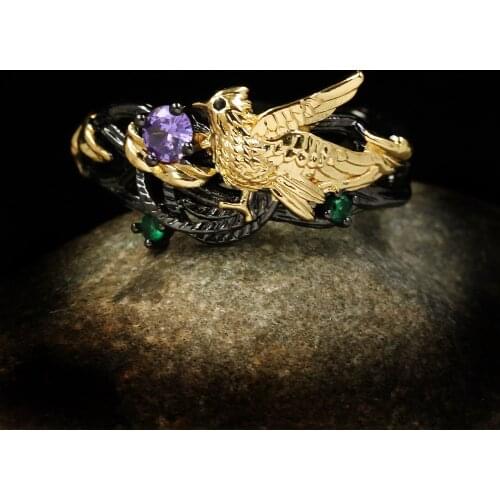 Unique New Animal Ring Cute Magpie Black Gold Female Ring Purple Zircon 925 Silver Ring Ladies Attending Party Jewelry
