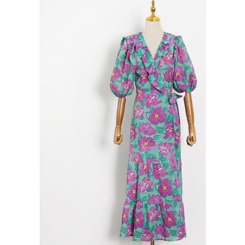 Vintage Flower Printed V-Neck Ruffled Lantern Sleeve Short Sleeve Brand Design Holiday Long Dresses 2021 Women Party Clothes