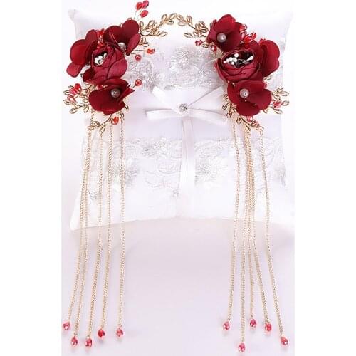 Chinese Classic Bride Wedding Hair Jewelry Accessories Red Rose Flower Tassel Hair Pins Crystal Bridal Hairpins Headpiece BH