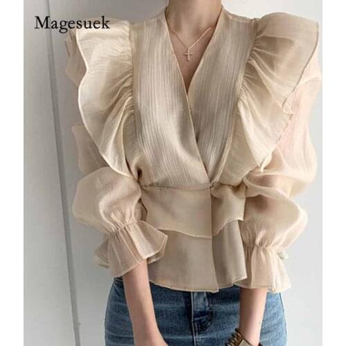 2021 Ruffled Deep V-neck Silk Shirt Fashion Female Vintage Slimming Chiffon Blouse Solid Sweet Flare Sleeve Womans Shirt 10334