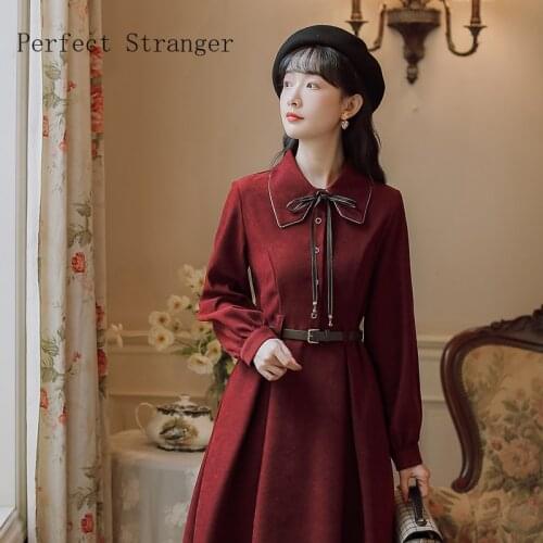 2021 Autumn New Arrival High Quality Vintage Bow Peter Pan Collar Collect Waist Women Long Dress With Belt