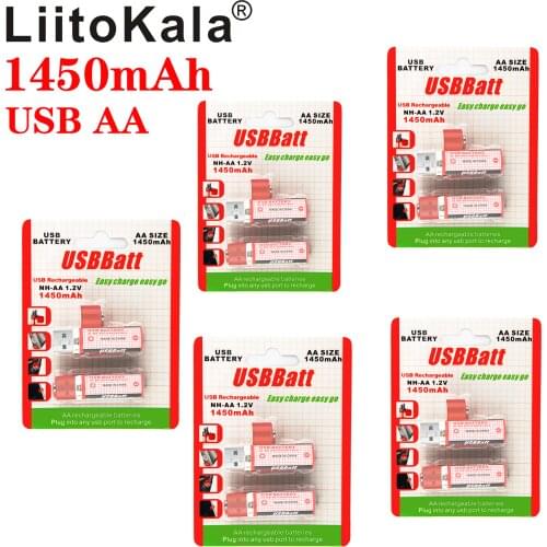 10pcs/lot LiitoKala Portable AA Battery 1450mAh 1.2v USB Rechargeable Batteries USB CELL AA Rechargable Battery LED Indicator