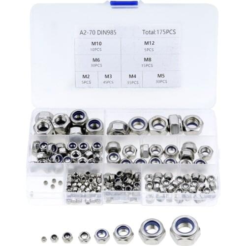 175PCS/Box Nylon Lock Nut 304 Stainless Steel M2 M3 M4 M5 M6 M8 M10 M12 Hex Hexagon Self Locking Nut Assortment Kit