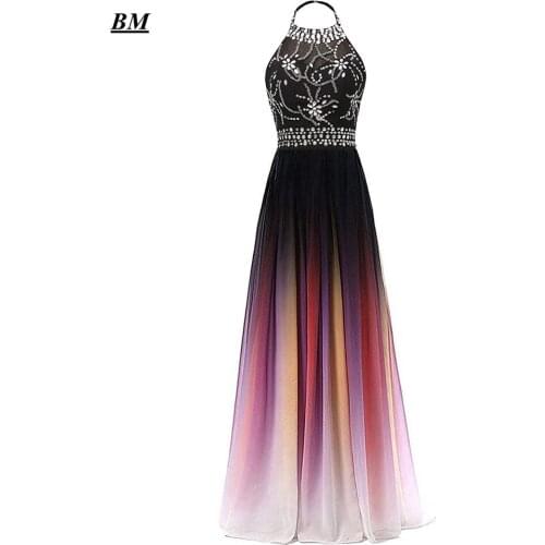A-line HalterOmbre Prom Dresses 2019 Chiffon Sequins Beading Long Gradient Formal Evening Dress Party Gown Vestidos De Gala BM11