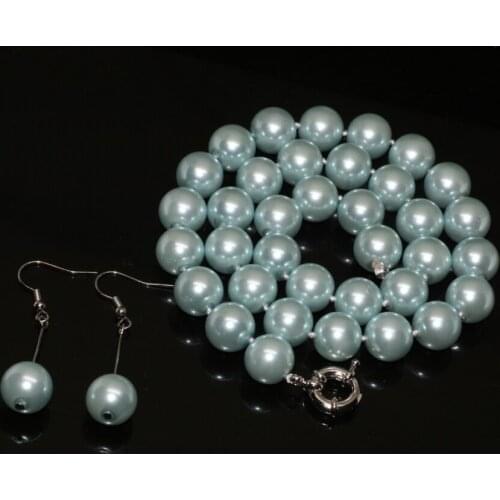Free shipping light sky blue round simulated-pearl shell 12mm beads necklace earrings elegant women jewelry set 18inch B2317