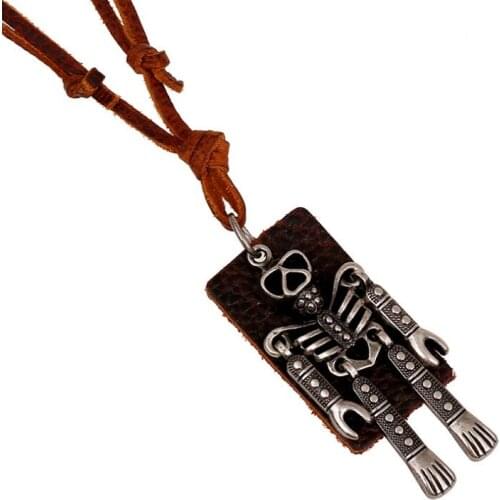 Gothic Punk Vintage Skull Necklace Retro Metal Skeleton Pendants Long Leather Chain Hiphop Charm Rock Women Fashion Men Jewelry