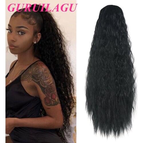 GURUILAGU Corn Wavy Long Ponytail False Hair Wrap on Clip Hair Extensions Drawstring Puff Ponytail Synthetic Hairpiece PonyTail