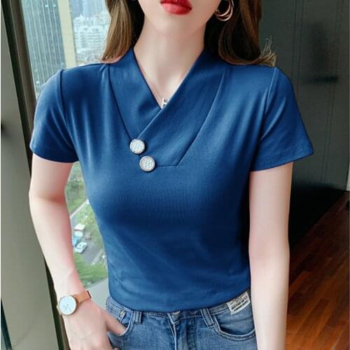 LJSXLS Summer Solid Short Sleeve Womens T-Shirts Basic Cotton V-Neck Casual Slim Womens T-shirt Tops Blue Tee Ladies 2021 New