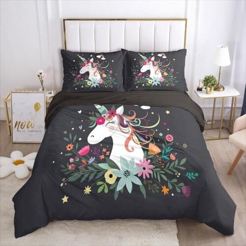 Cartoon Bedding Set for kids baby duvet cover set for home bed linen bed set family sets Euro 7 piece Black flower unicorn