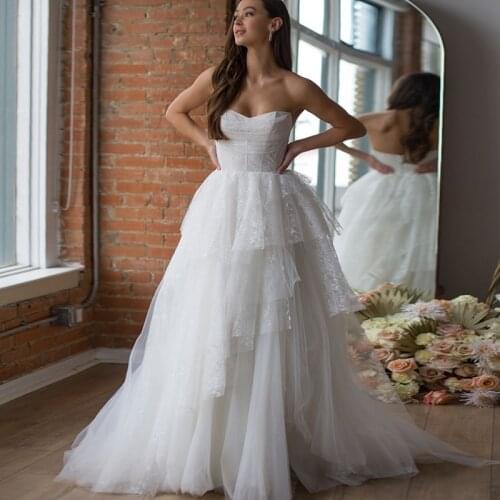 New Strapless Beach Wedding Dresses White Tiered Tulle Bridal Gown Princess Party Dresses 2021 Custom Made