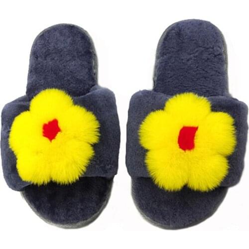Winter Sheep Shears Velvet Slippers With Fluffy Rabbit Fur Flower Decoration Flat Elastic Furry Sandals Cute Fur Shoes