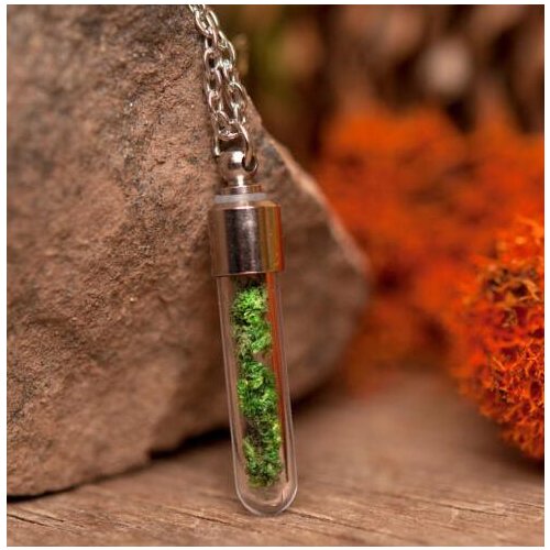 Wholesael 50pcs green moss handmade necklace, glass vial tiny nature pendant chain 70cm long (finished necklace)