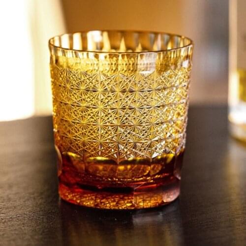 Hand Cut Japanese Style Amber Wiskey,Wine,Beer,Vodka Glass For Bar,Club And Family With Wooden Gift Box