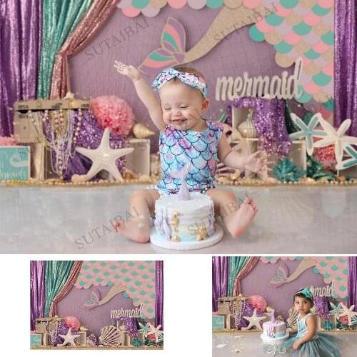 Mermaid Background Photography Purple Under The Sea Princess Baby Cake Smash Birthday Child Portrait Photo Studio Backdrop Vinyl