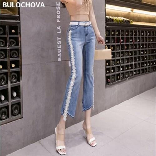 2020 New Autumn Lace Flowers Jean for Women High Waist Large Size Jeans Mujer Mom Cowboy Denim Skinny Flare Pants With Belt XXL