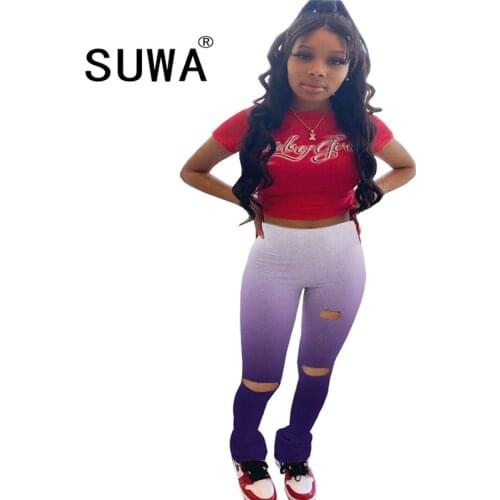 Women Gradient Print High Waist Elastic Cut Out Skinny Sexy Stacked Joggers Sport Flare Sweatpants Ruched Trousers Pants 4 Color