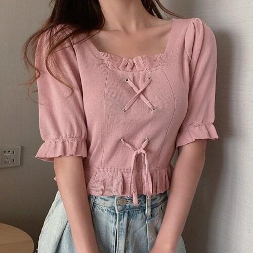 Women Knit Crop Top Fashion Slim-fit Cross Strappy Ruffles T Shirt Wild Casual Short Sleeves Puff Sleeve Solid Color T-shirt