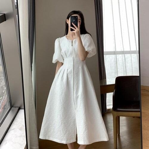 White Dress Womens 2021 Summer New Style Slim Waist Style Foreign Style Bubble Sleeve Long Skirt