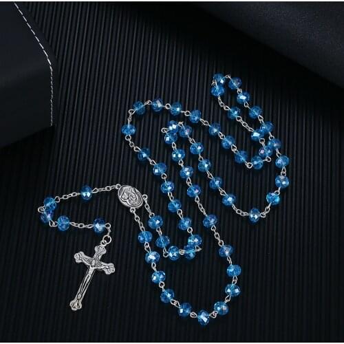 Six Color Crystal Beads Catholic Rosary Necklace Holy Land Baby Religious Cross Necklace Men and Women Available Prayer Necklace