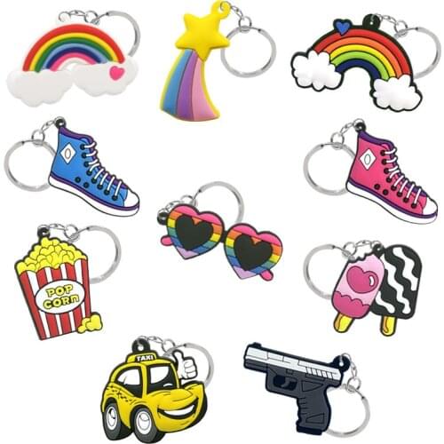 1PCS PVC key chain shoe glasses popcorn ice cream Rainbow pistol meteor cartoon key ring holder men women couple sweet pendant