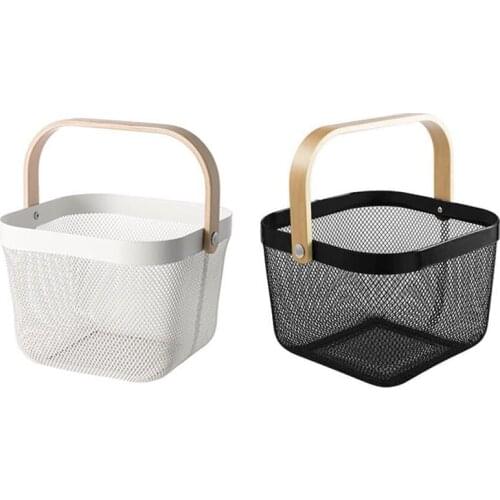 2 Pcs Candy Colors Storage Basket Wood Handle Fruit Vegatable Basket Etal Mesh Storage Bag Basket Organizer