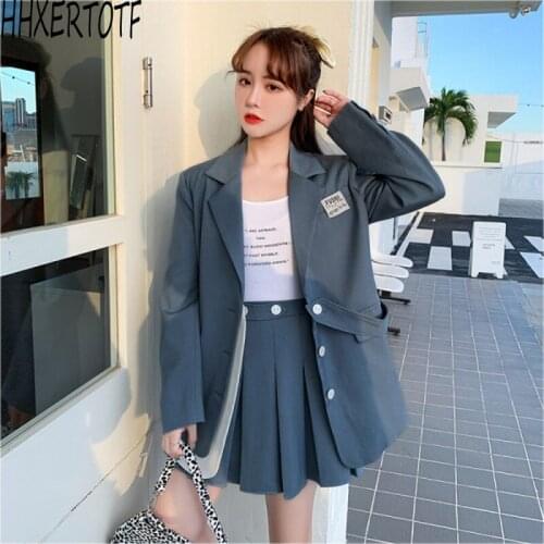 2021 Spring Korean Womens 2 Piece Set Fashion OL Single-breasted Slim Blazer Coat + Mini Pleated Skirts Suit