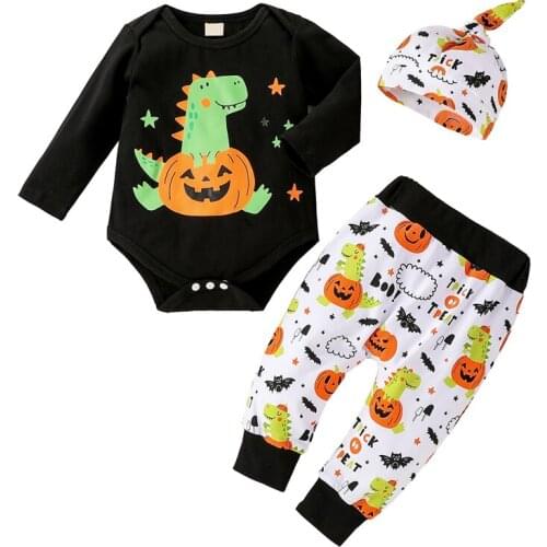Pudcoco 0-12M 3Pcs Halloween Festival Costumes Fashion Pumpkin Cartoon Dinosaur Cute Leotard Top+Pants+Hat Clothes Set
