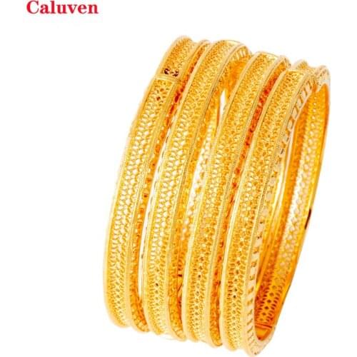 4pcs Dubai Bangles for Women Ethiopian Bracelets&Bangles African Gold Bangle with Charm Wedding Jewelry Indian Bracelets