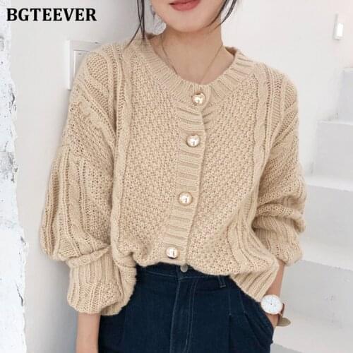 BGTEEVER 2019 Winter Vintage Casual Female Cardigan O-neck Single-breasted Short Sweater Women Knitted Open Stitch Jumpers Tops