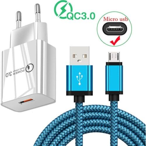 QC 3.0 3A Fast USB Wall Charger Micro USB Charge Cable For Samsung A10 J2 J4 J8 S4 S7 Edge OPPO F7 A15 Realme 3 C3 Vivo U3x Z5x