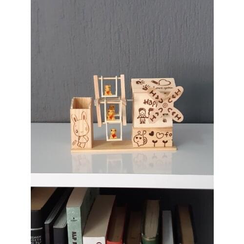 Wooden Pen Box Winding Music Pine Melody Decorative Children Room Table Top Movable Ferris wheel Ornaments Toy Object