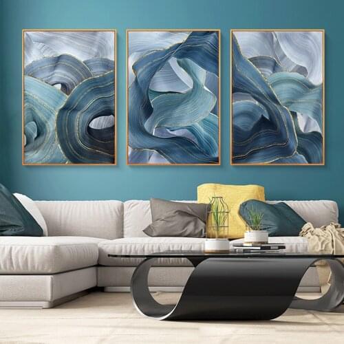 Modern Blue Abstract Gold Line Canvas Paintings Ribbon Winding Wall Art Poster and Prints Picture for Living Room Interior Decor
