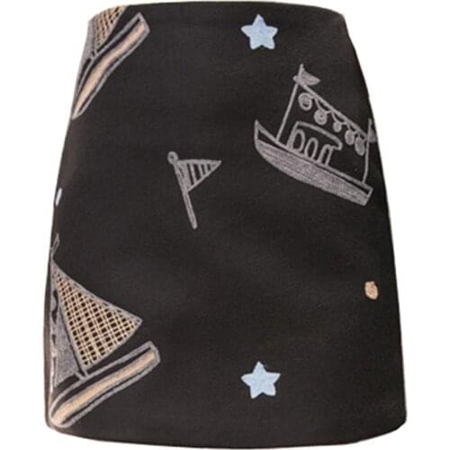 PERHAPS U Black Green Blue Blend Ship Embroidery Pencil Zipper Thick Autumn Winter Chic Elegant S0282