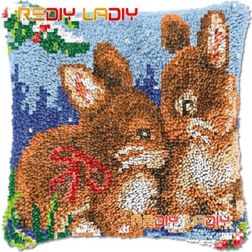 Latch Hook Cushion Winter Rabbits DIY Needlepoint Kits Chunky Acrylic Yarn Arts Crocheting Lofty Pillow Case Hobby & Crafts