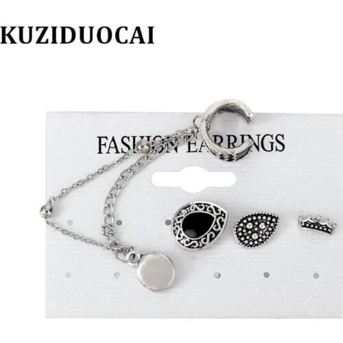 Kuziduocai New Fashion Fine Jewelry Beach Vintage Ancient Silver Color Water Drop Chain Crown Stud Earrings For Women Gifts