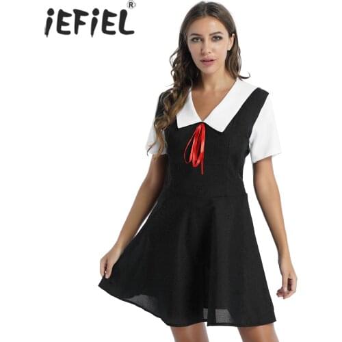 Summer Women School Girls Fancy Cosplay Costume Sailor Collar Short Sleeve Flared Hemline Mini Dress Anime Role Play Uniform