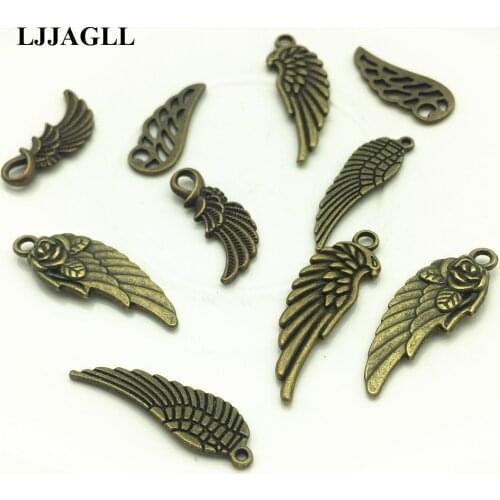 LJJAGLL Wholesale 100pcs Zinc Alloy Antique Bronz Mix Small Wings&Feather Charm Vintage Wings Fit Diy Jewelry Making AYM011