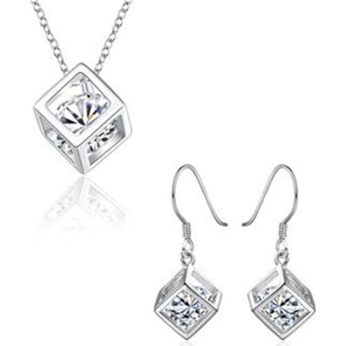 Fashion Jewelry 925 Sterling Silver Square Crystal Earrings and Pendant Neckalce Jewelry Sets Women Engagement Best Gift