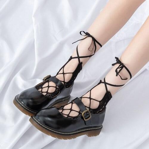 Fashion Women Japanese Tide Black White Cotton Sox with Long Rope Strap Top Cross Bow Knot Lolita Anime Cosplay Heel Socks