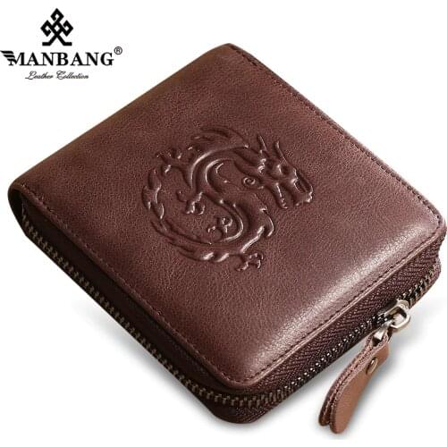 ManBang New Genuine Leather Men Wallet Coin Purse Small Mini Card Holder Chain Male Wallet Pocket Chinese elements High quality