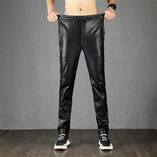 Autumn winter leather pants mens fashion korean style slim feet trousers tight-fitting plus velvet thick black pantalon cuir
