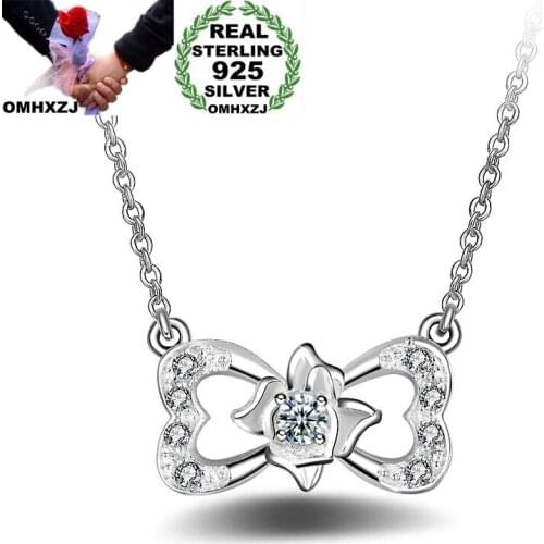 OMHXZJ Wholesale Personality Fashion Woman Girl Gift Bowknot White Amethyst AAA Zircon 925 Sterling Silver Pendant Necklace NC94