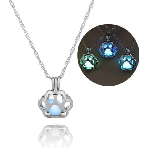 Glow In The Dark Necklace Metal Pet Cat Necklaces For Woman Animal Dog Paw Necklace Hollow Pendant Night luminous Light