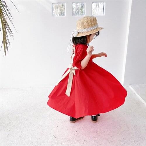 Red Girls Kids Princess Casual Dress Summer Lolita Ruffle Short Sleeve Children Baby Backless Bow Dresses Vestidos S12079